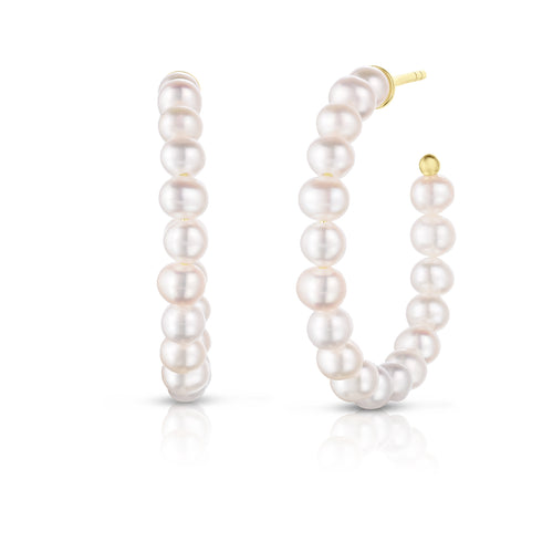 14 Karat Yellow Medium Hoop Pearls Earrings - URBAETIS FINE JEWELRY