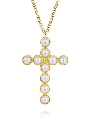 14 Karat Yellow Cross Pearls Pendant - GABRIEL & CO.